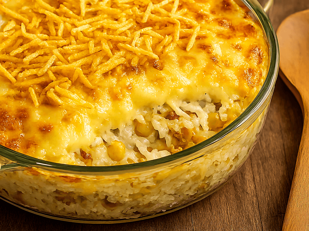 Arroz de forno cremoso em uma travessa de vidro redonda, com recheio de milho, coberto com queijo derretido e gratinado e finalizado com batata palha.