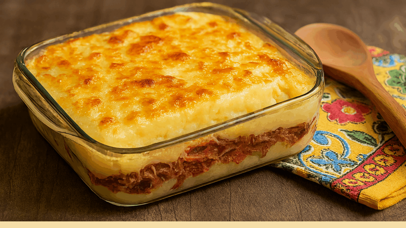 Escondidinho de carne seca em uma travessa de vidro, com recheio de carne desfiada, purê de aipim e uma crosta de queijo gratinado por cima.