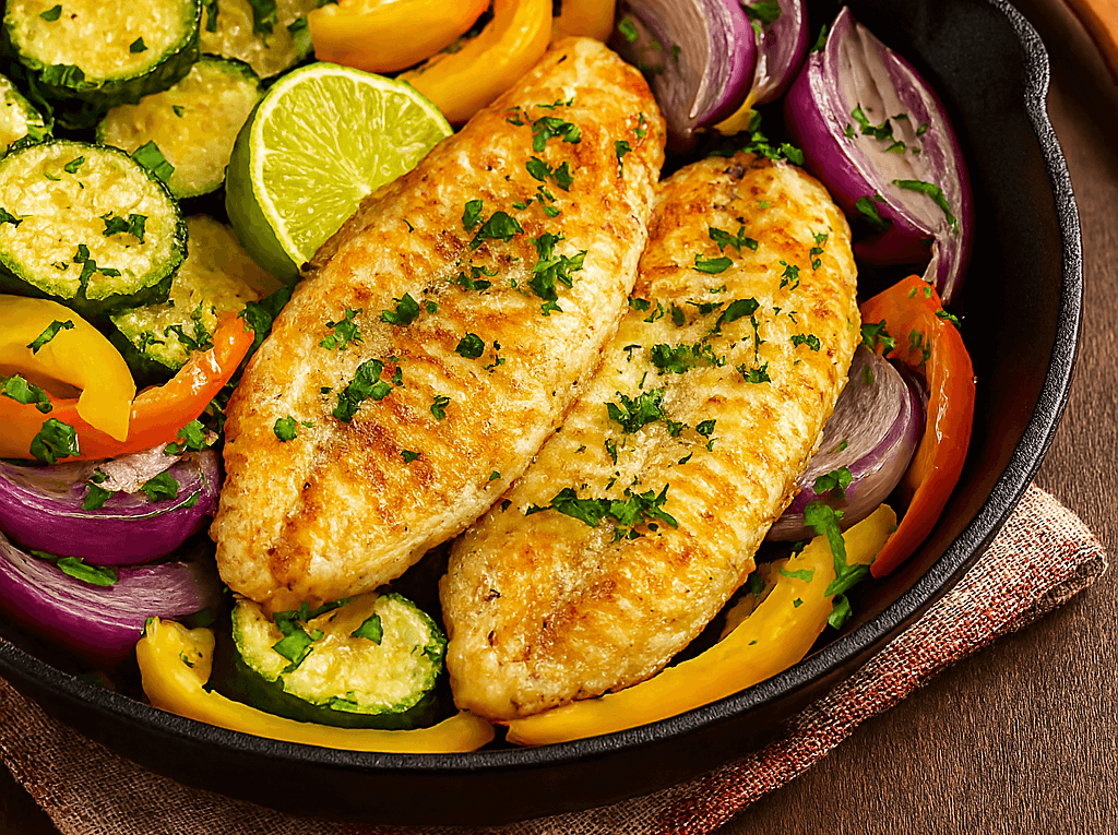 Dois filés de peixe grelhado em uma frigideira de ferro fundido, cercados por legumes salteados como abobrinha, pimentão amarelo e cebola roxa, e finalizados com salsinha e uma fatia de limão.