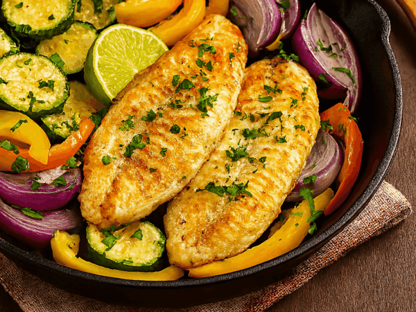 Dois filés de peixe grelhado em uma frigideira de ferro fundido, cercados por legumes salteados como abobrinha, pimentão amarelo e cebola roxa, e finalizados com salsinha e uma fatia de limão.