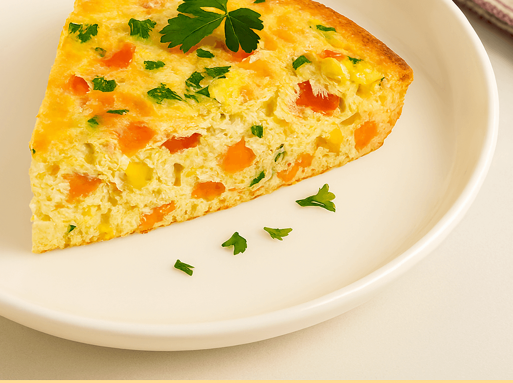 Uma fatia alta de omelete de forno fofinho servida em um prato branco, mostrando um recheio colorido de milho, cenoura e pimentão, e decorada com uma folha de salsinha fresca.