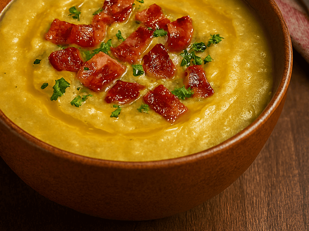 Sopa cremosa de ervilha servida em uma tigela marrom rústica, coberta com pedaços de bacon crocante e salsinha picada.