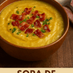 Sopa cremosa de ervilha servida em uma tigela marrom rústica, coberta com pedaços de bacon crocante e salsinha picada.