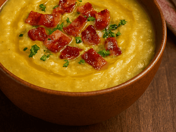 Sopa cremosa de ervilha servida em uma tigela marrom rústica, coberta com pedaços de bacon crocante e salsinha picada.