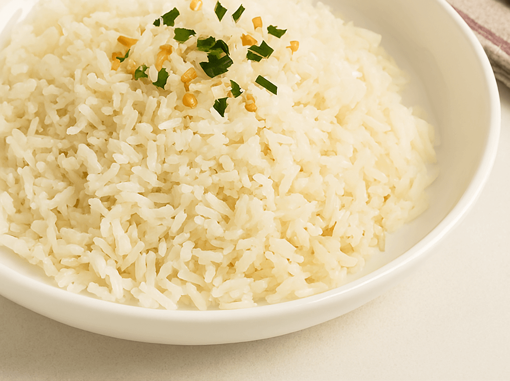 Uma porção de arroz branco soltinho servido em um prato fundo branco, finalizado com pedacinhos de alho frito dourado e cheiro-verde picado.