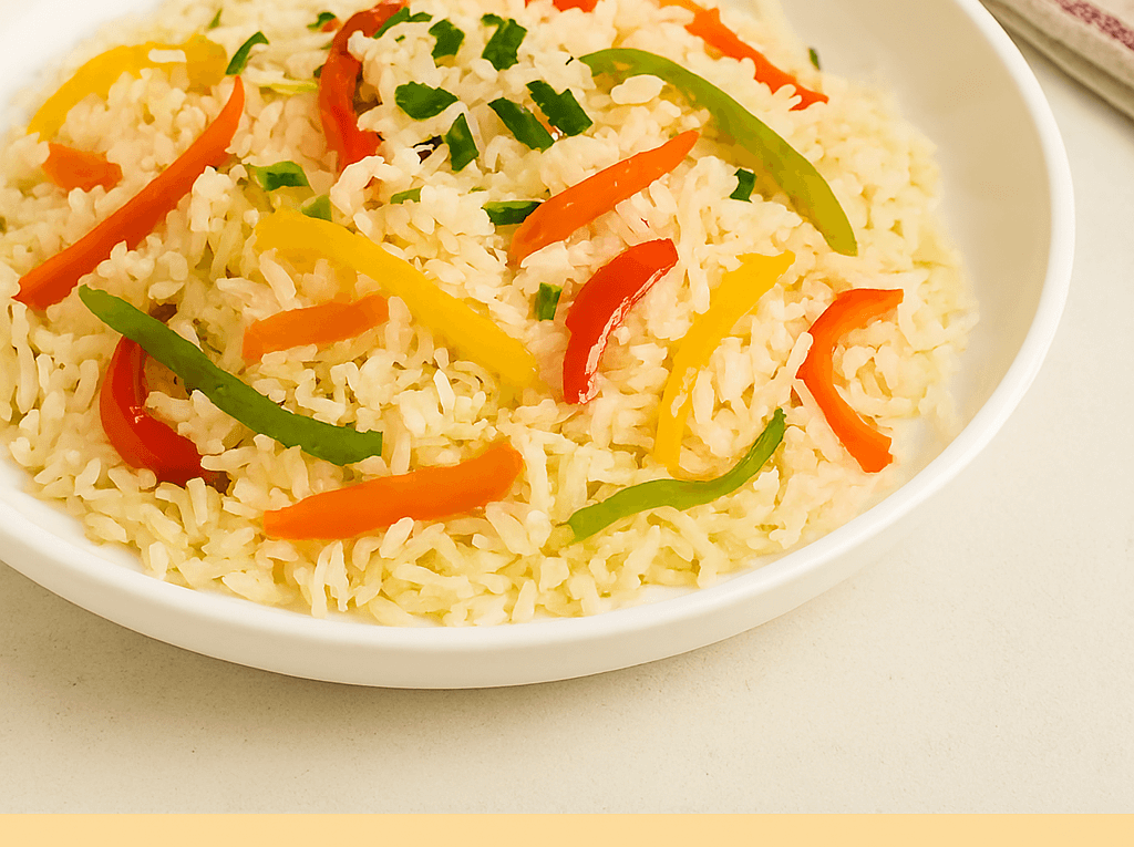 Arroz com pimentão servido em um prato fundo branco, misturado com tiras coloridas de pimentão vermelho, verde e amarelo, e salpicado com cheiro-verde picado.