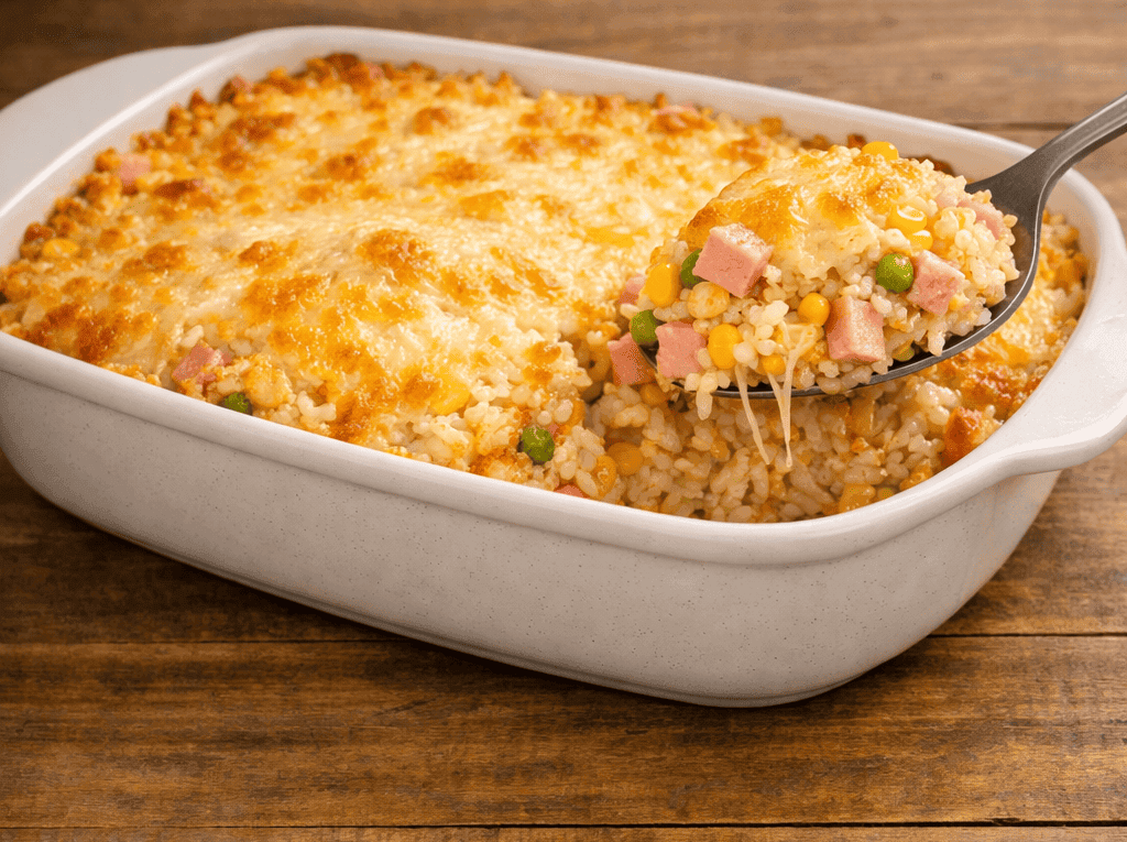 Arroz de forno gratinado com queijo derretido, presunto, milho e ervilha em travessa branca sobre mesa rústica.