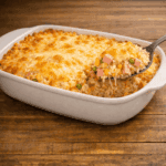 Arroz de forno gratinado com queijo derretido, presunto, milho e ervilha em travessa branca sobre mesa rústica.
