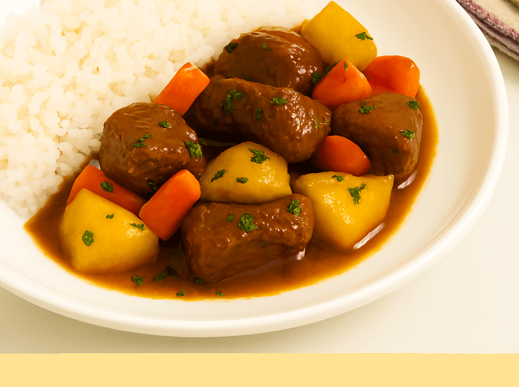 Carne de panela macia com legumes servida em um prato fundo branco, mostrando os cubos de carne, pedaços de batata e cenoura em um molho escuro e espesso, acompanhada de arroz branco.