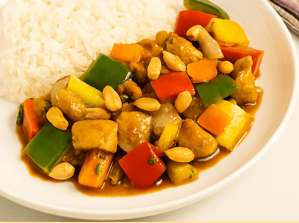 Frango xadrez simples servido em um prato branco, com cubos de frango, pimentões coloridos (vermelho, verde e amarelo), cebola e amendoim em um molho espesso, acompanhado de arroz branco.