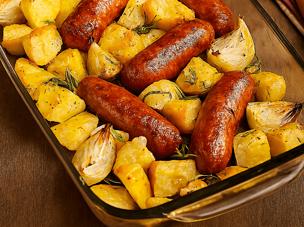 Linguiça assada no forno em uma travessa de vidro retangular, servida com pedaços de batatas douradas, cebola e ramos de alecrim fresco.