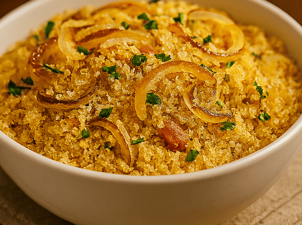 Farofa de manteiga dourada e soltinha servida em uma tigela branca, coberta com anéis de cebola crocante, pedacinhos de bacon e cheiro-verde picado.