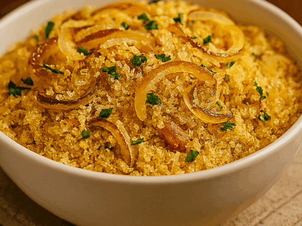 Farofa de manteiga dourada e soltinha servida em uma tigela branca, coberta com anéis de cebola crocante, pedacinhos de bacon e cheiro-verde picado.