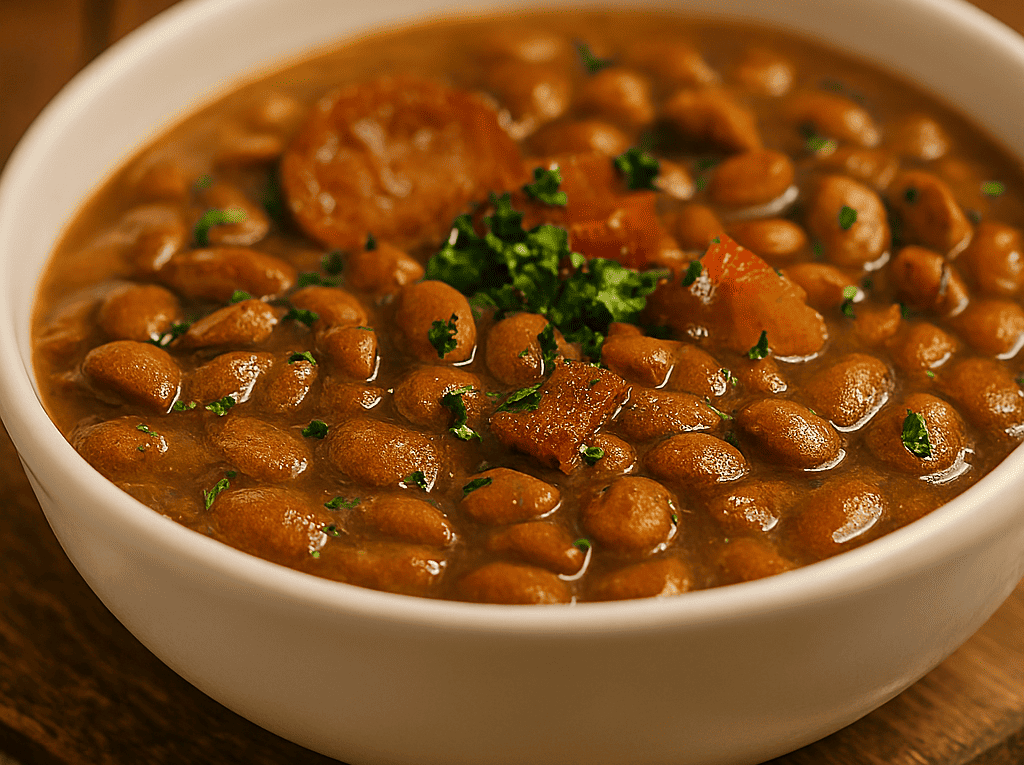 Feijão carioca temperado com caldo grosso servido em uma tigela branca, mostrando pedaços de linguiça calabresa, bacon e salsinha picada por cima.