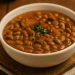 Feijão carioca temperado com caldo grosso servido em uma tigela branca, mostrando pedaços de linguiça calabresa, bacon e salsinha picada por cima.