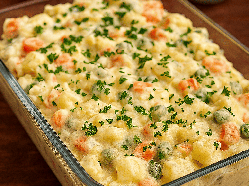 Salada de maionese de domingo em uma travessa de vidro, feita com cubos de batata, cenoura e ervilhas envolvidos em molho cremoso e salpicados com cheiro-verde.