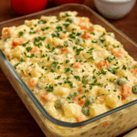 Salada de maionese de domingo em uma travessa de vidro, feita com cubos de batata, cenoura e ervilhas envolvidos em molho cremoso e salpicados com cheiro-verde.