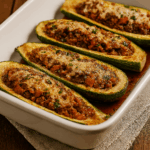 Quatro canoas de abobrinha recheada com carne moída ao molho, cobertas com queijo derretido e gratinado, assadas e servidas em uma travessa branca retangular.