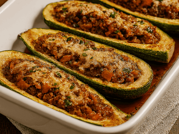 Quatro canoas de abobrinha recheada com carne moída ao molho, cobertas com queijo derretido e gratinado, assadas e servidas em uma travessa branca retangular.