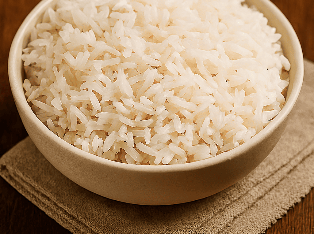 Uma tigela redonda de cor clara cheia de arroz branco soltinho, servida sobre um guardanapo de linho em uma mesa de madeira escura.