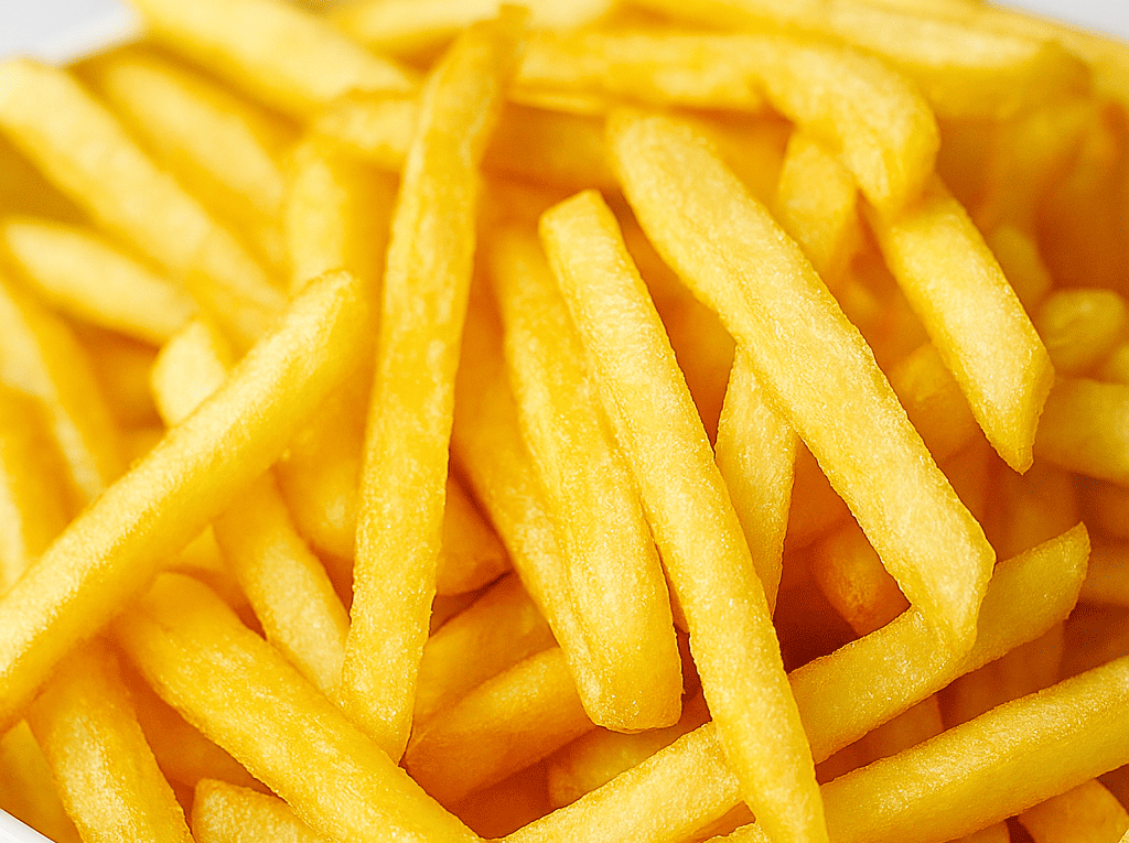 Uma tigela branca cheia de batata frita palito sequinha, crocante e bem dourada, com aparência apetitosa.