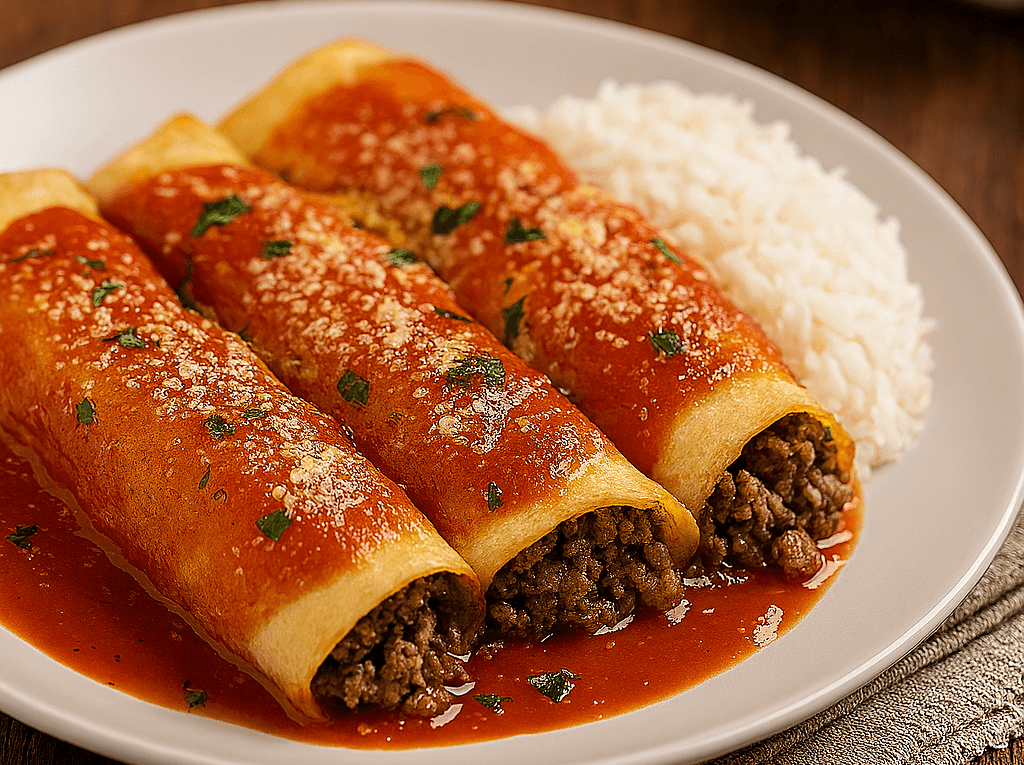 Três panquecas de carne moída servidas em um prato branco, cobertas com molho de tomate, queijo parmesão ralado e salsinha picada, acompanhadas de uma porção de arroz branco.