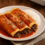 Três panquecas de carne moída servidas em um prato branco, cobertas com molho de tomate, queijo parmesão ralado e salsinha picada, acompanhadas de uma porção de arroz branco.