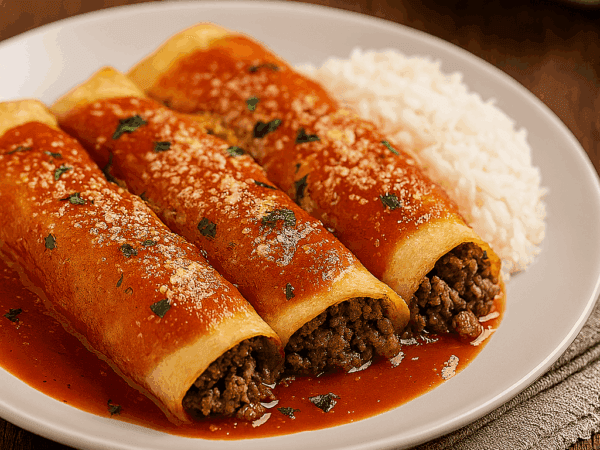Três panquecas de carne moída servidas em um prato branco, cobertas com molho de tomate, queijo parmesão ralado e salsinha picada, acompanhadas de uma porção de arroz branco.