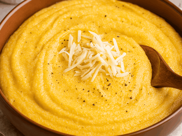 Polenta cremosa servida em uma tigela marrom rústica, finalizada com um montinho de queijo ralado e pimenta-do-reino, com uma colher de madeira mergulhada no prato.