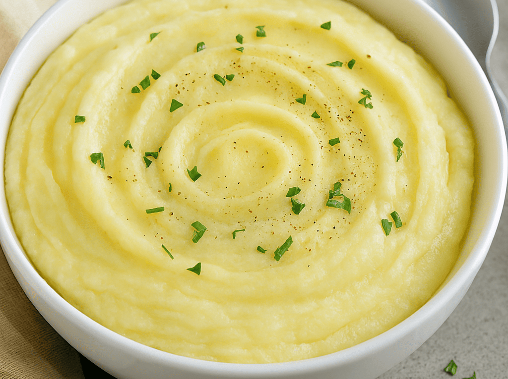 Purê de batata bem cremoso servido em uma tigela branca redonda, com a superfície decorada em espiral e salpicada com cebolinha picada e pimenta.