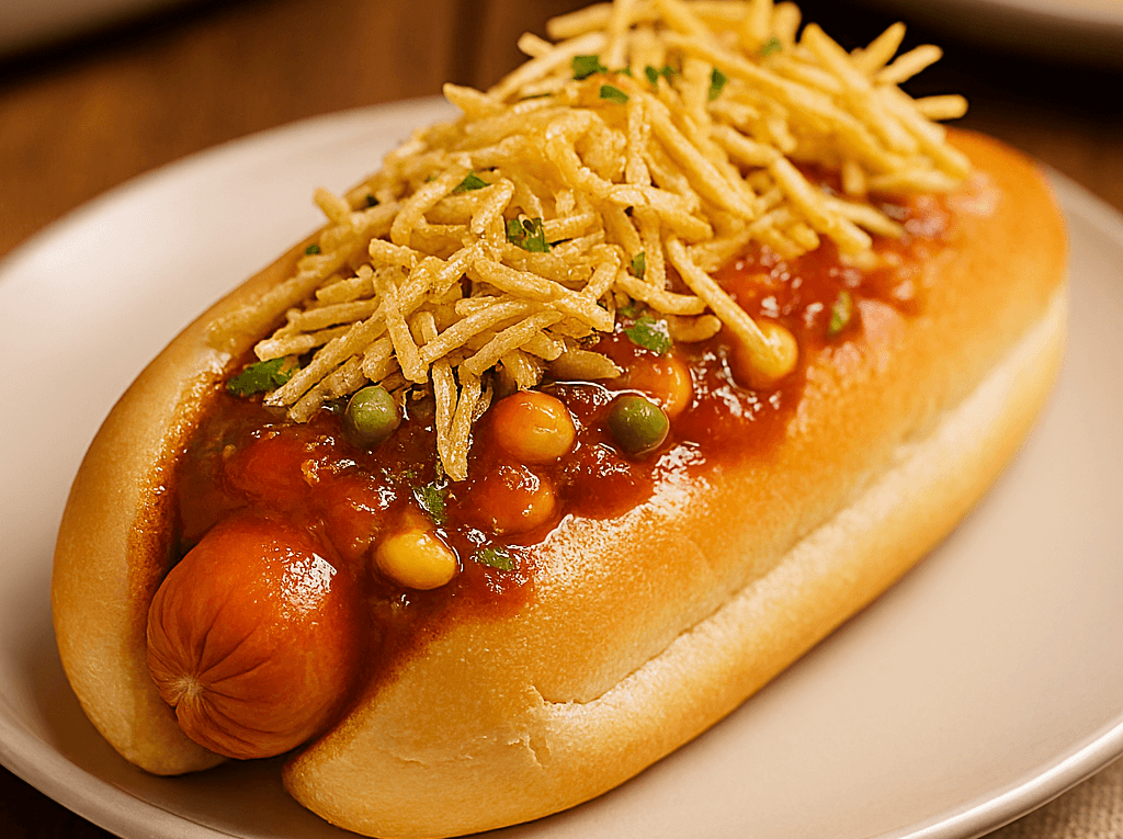 Um cachorro quente completo servido em um prato branco, montado no pão com salsicha, molho de tomate encorpado com milho e ervilha, e finalizado com uma cobertura generosa de batata palha.