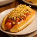 Um cachorro quente completo servido em um prato branco, montado no pão com salsicha, molho de tomate encorpado com milho e ervilha, e finalizado com uma cobertura generosa de batata palha.