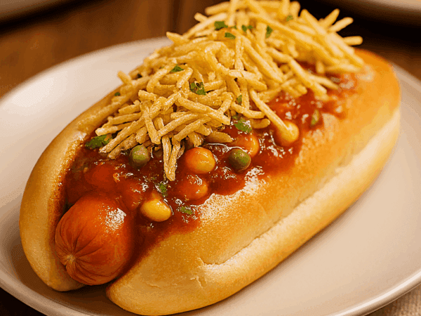 Um cachorro quente completo servido em um prato branco, montado no pão com salsicha, molho de tomate encorpado com milho e ervilha, e finalizado com uma cobertura generosa de batata palha.