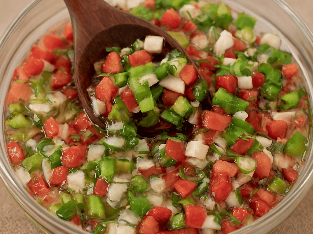 Vinagrete clássico para churrasco em uma tigela de vidro, com tomate, cebola e pimentão picados em cubinhos, sendo misturado com uma colher de madeira.