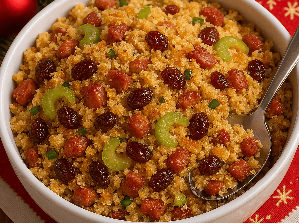 Farofa de Natal crocante servida em uma tigela branca, com pedaços de bacon, uvas-passas e salsão, decorada com tema natalino e guardanapo vermelho.