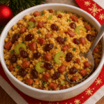 Farofa de Natal crocante servida em uma tigela branca, com pedaços de bacon, uvas-passas e salsão, decorada com tema natalino e guardanapo vermelho.