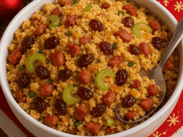 Farofa de Natal crocante servida em uma tigela branca, com pedaços de bacon, uvas-passas e salsão, decorada com tema natalino e guardanapo vermelho.