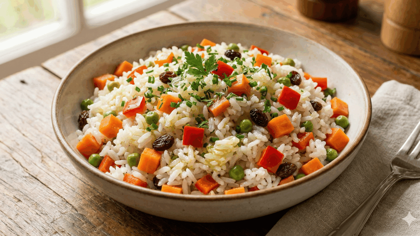 Arroz à grega colorido e soltinho servido em uma tigela rústica, misturado com cubinhos de cenoura, pimentão vermelho, ervilhas e uvas-passas.