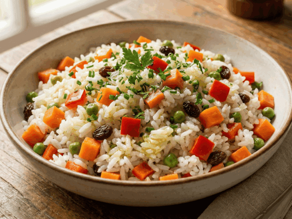 Arroz à grega colorido e soltinho servido em uma tigela rústica, misturado com cubinhos de cenoura, pimentão vermelho, ervilhas e uvas-passas.