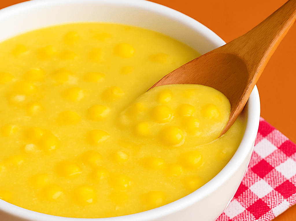Creme de milho fácil e bem cremoso servido em uma tigela branca, com grãos de milho inteiros visíveis e uma colher de madeira, sobre um guardanapo xadrez vermelho.