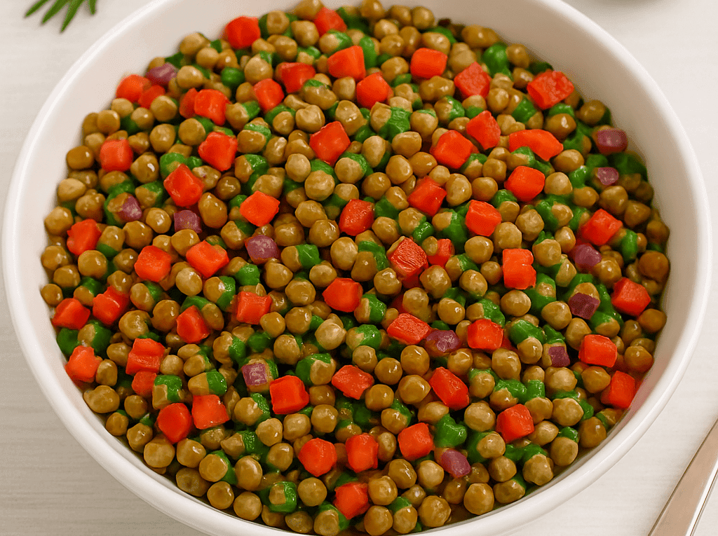 Salada de lentilha para o Réveillon servida em uma tigela branca, misturada com cubinhos de cenoura e cebola roxa, com um ramo de alecrim ao fundo.