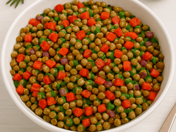 Salada de lentilha para o Réveillon servida em uma tigela branca, misturada com cubinhos de cenoura e cebola roxa, com um ramo de alecrim ao fundo.