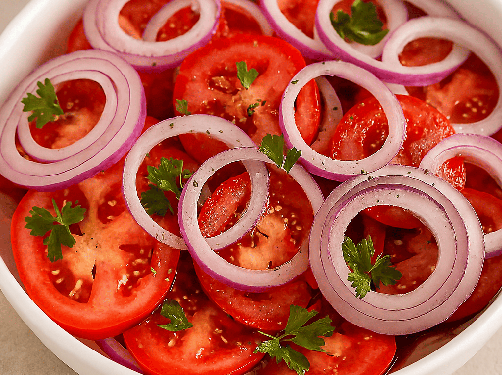 Salada de tomate em rodelas com anéis de cebola roxa servida em uma tigela branca, decorada com folhas de salsa fresca e temperada com pimenta-do-reino.