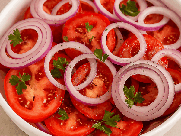 Salada de tomate em rodelas com anéis de cebola roxa servida em uma tigela branca, decorada com folhas de salsa fresca e temperada com pimenta-do-reino.