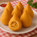 Coxinhas com massa de batata douradas e sequinhas servidas em um prato branco, com uma aberta mostrando o recheio de frango desfiado suculento.