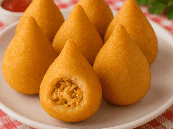 Coxinhas com massa de batata douradas e sequinhas servidas em um prato branco, com uma aberta mostrando o recheio de frango desfiado suculento.