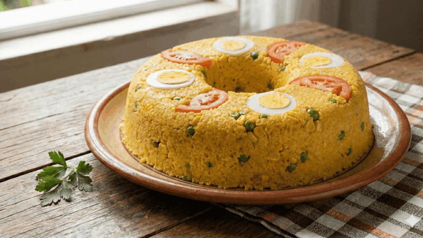 Cuscuz paulista tradicional em formato de anel, decorado com rodelas de ovo cozido e tomate, servido em um prato de barro sobre uma toalha xadrez.
