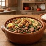 Feijão tropeiro tradicional servido em uma tigela de barro, coberto com torresmo crocante, linguiça, ovo e couve, acompanhado de arroz branco ao lado.
