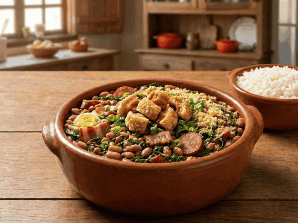 Feijão Tropeiro: O Clássico Mineiro no Dia a Dia Feijão tropeiro tradicional servido em uma tigela de barro, coberto com torresmo crocante, linguiça, ovo e couve, acompanhado de arroz branco ao lado.