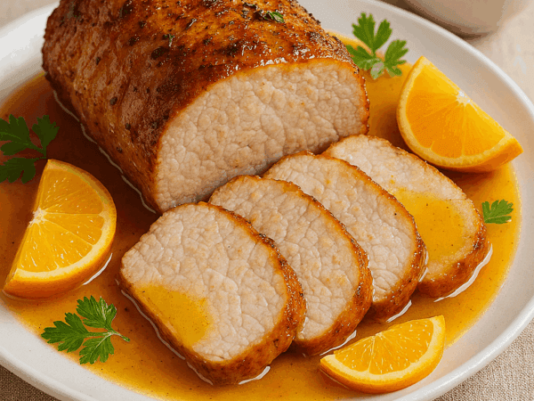 Lombo assado fatiado coberto com molho de laranja lima brilhante, servido em uma travessa branca decorada com rodelas de laranja e salsinha.